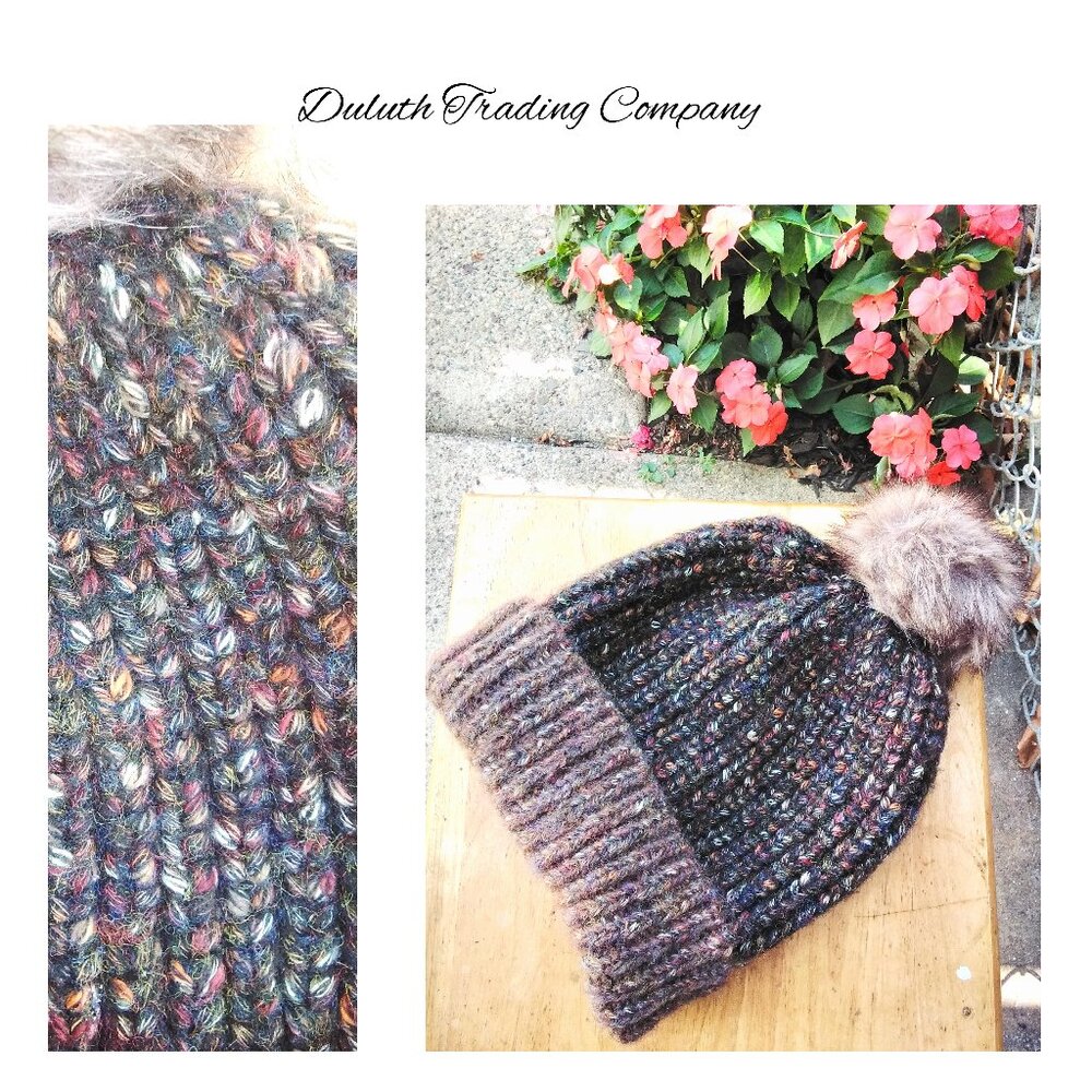 Duluth Trading Co Women’s Multi Black/Brown/Tan Knit Fleck Pom-Pom Cuffed Beanie